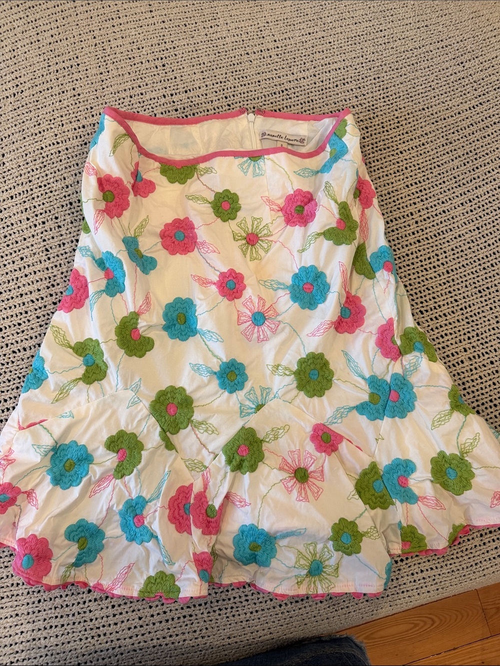 White Floral Embroidered Skirt with Pink & Blue Flowers
